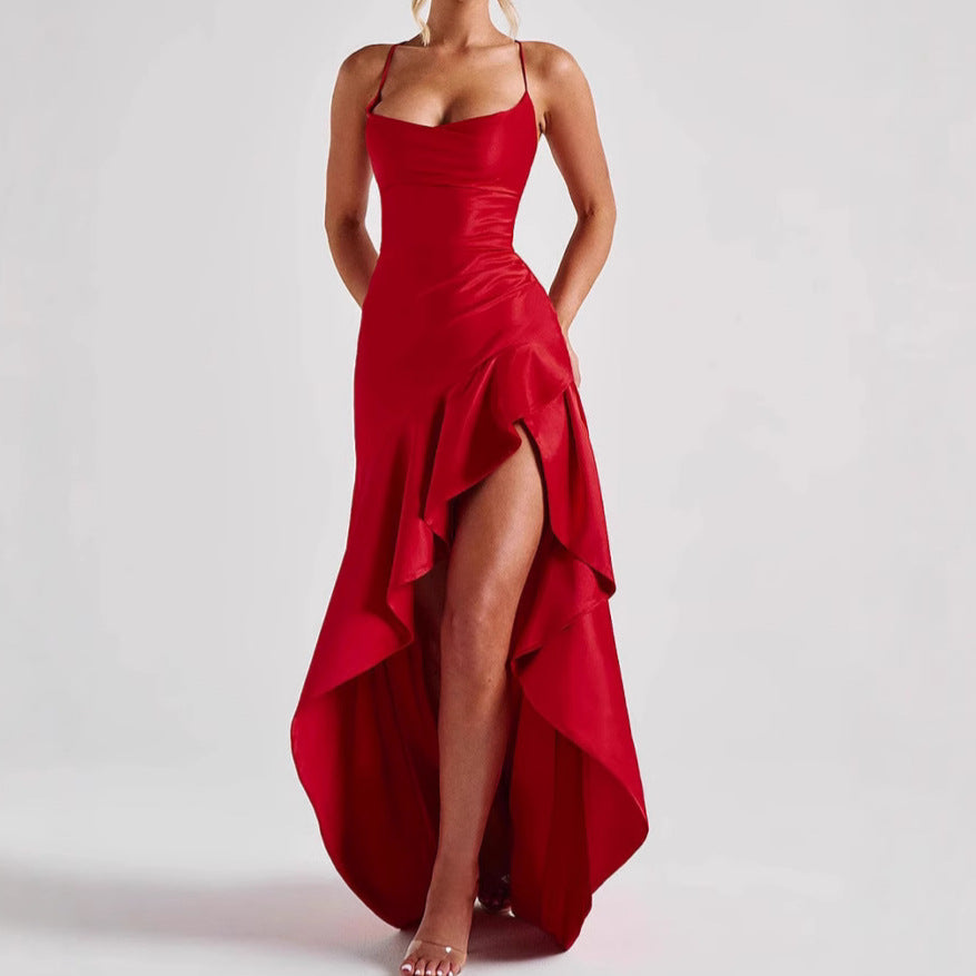 Women's Backless Ruffles Irregular Dress Summer Fashion Evening Party Club Split Suspender Maxi Dresses Clothing by null
