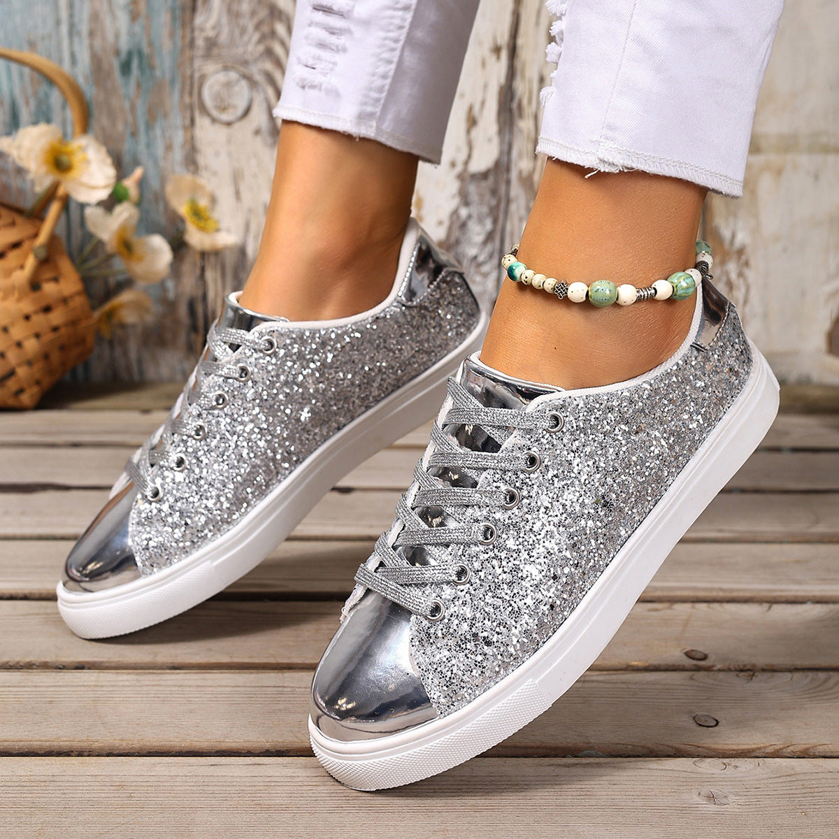 Buy Plus Size Sequined Front Lace-up Solid Color Plus Size Board Shoes online at DLC Market