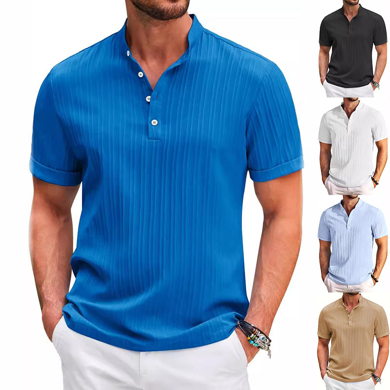 Summer Stand Collar Buttons Short Sleeve T-shirt Solid Color Stripe POLO Shirt Fashion Casual Beach Clothing For Men by null