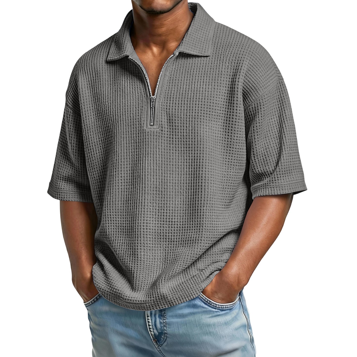 Men's Waffle-Weave Short-Sleeved Shirts Summer Solid Color Lapel Polo Shirt T-Shirt Beach Style Tops by null
