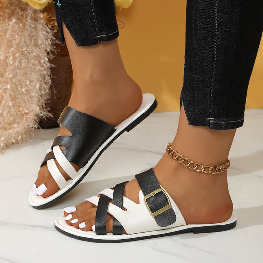 Womens plus size color-block round toe flat slippers | DLC Market