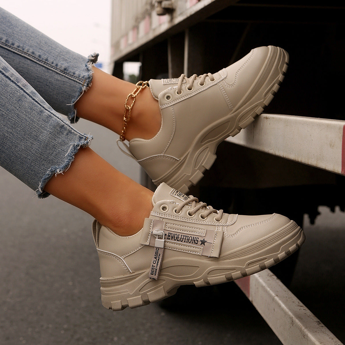Buy Lace-up Sports Shoes With Side-Zipper Design Fashion Thick-soled Round-toe Casual Shoes For Women Sneakers online at DLC Market