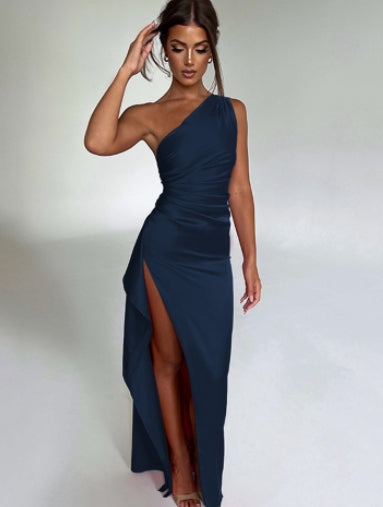 Sexy One-shoulder Backless Slit Dress Summer Elegant Slim-fit Solid Color Satin Dresses For Women by null