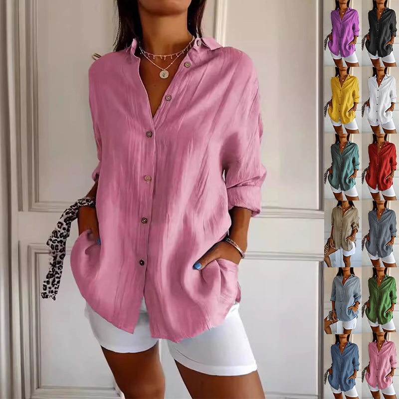 Lapel Long Sleeve Shirt Women's Single-breasted Pleated Shirt Tops Clothing by null
