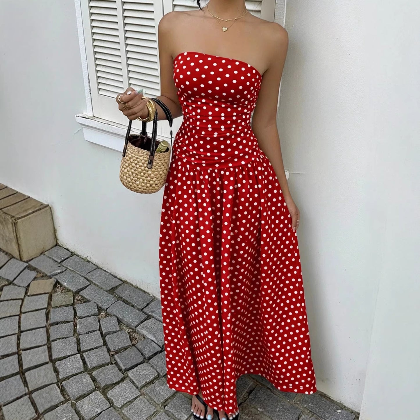 Elegant Polka-dot Off-shoulder Dresses Solid Color Strapless Lady High-waist Robe Commuting Party Business Beach Holiday Outfit by null