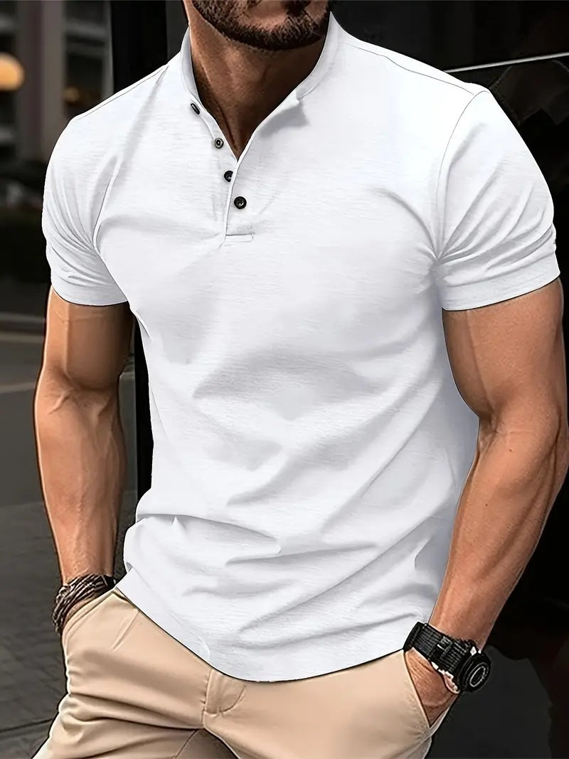 Men's Button Henry Collar Sports Polo Shirt Summer Short-sleeved Tops by null