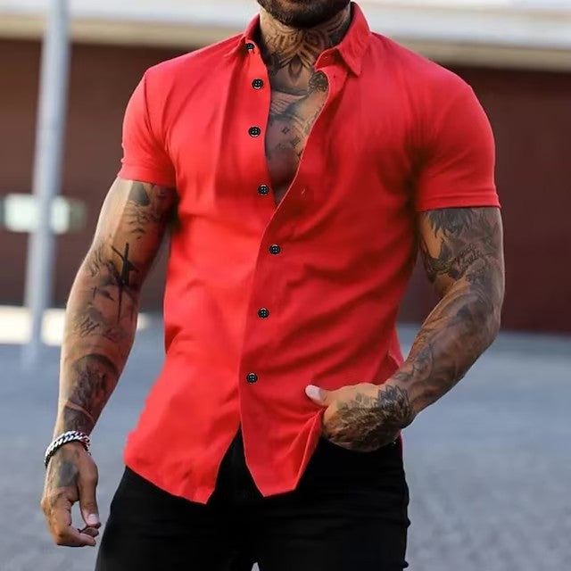 Slim Fit Short Sleeve Shirt Summer Men's Solid Color Casual Tops by null
