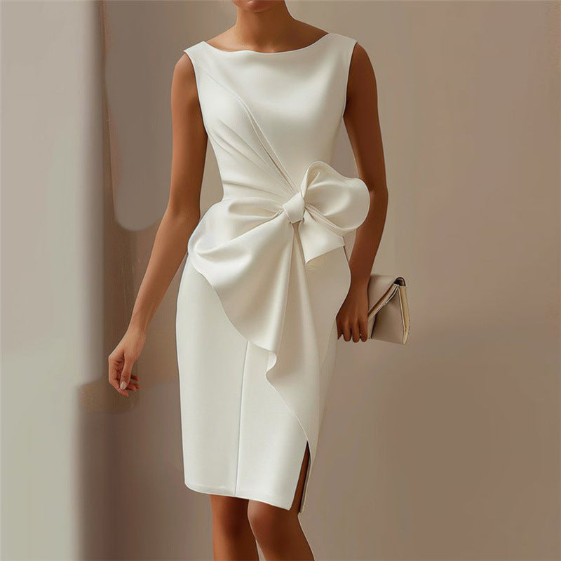 Fashion Bowknot Dress Solid Color Elegant Slim Sleeveless Dresses Women's Casual Office Party Clothing by null