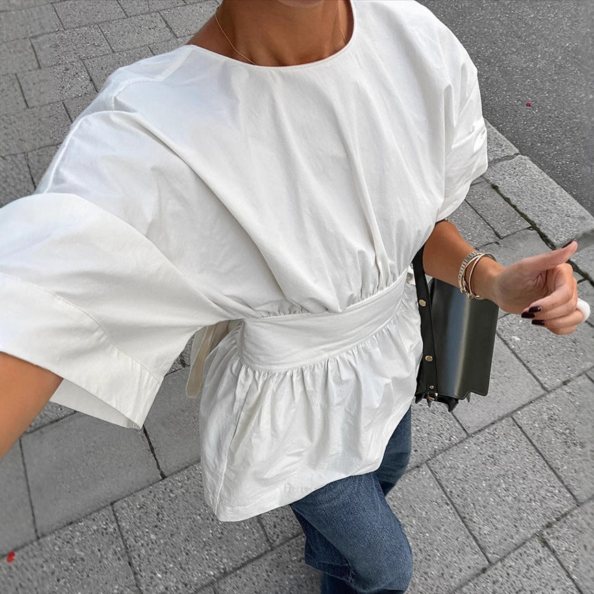 Buy Summer Backless Short Sleeve T-shirt With Back-tied Design Fashion Bat Sleeve Top For Women Clothing online at DLC Market