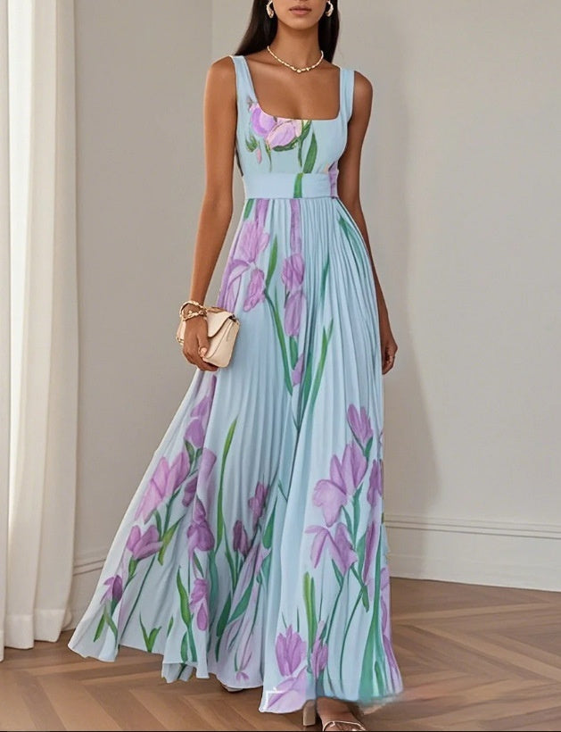 Floral Print Pleated Dress Summer A-Line Sleeveless Midi Dresses Women's Clothing by null