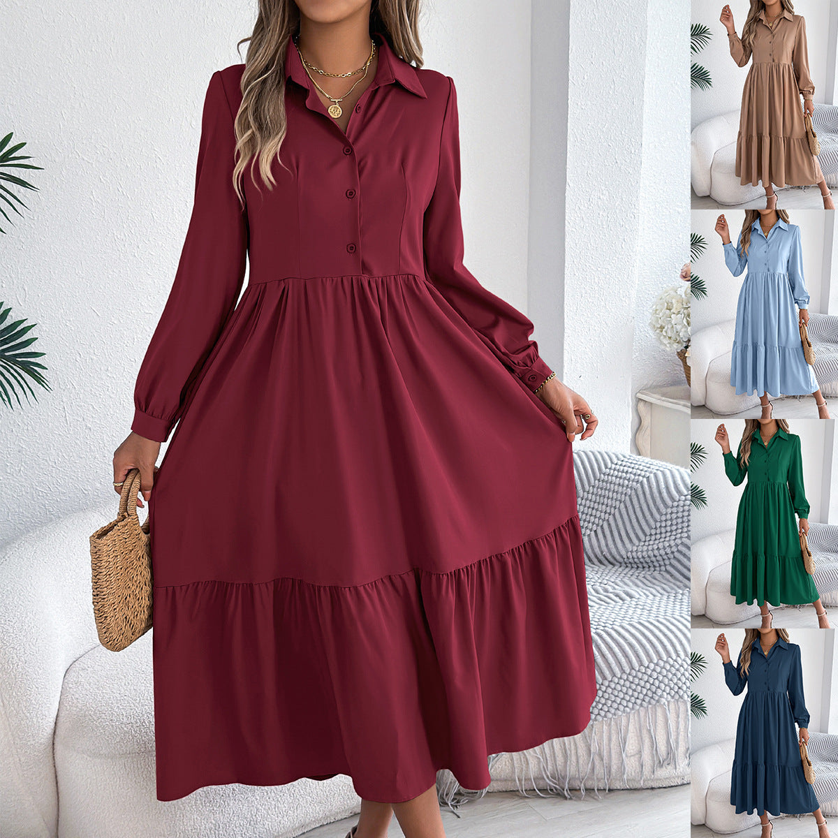 Buy Women's Lapel Casual Loose Long Sleeve Ruffled Shirt Dresses Long Sleeved Turn-down Collar Single-Breasted Dress Spring Autumn Fashion Women's Clothing For Vacation online at DLC Market