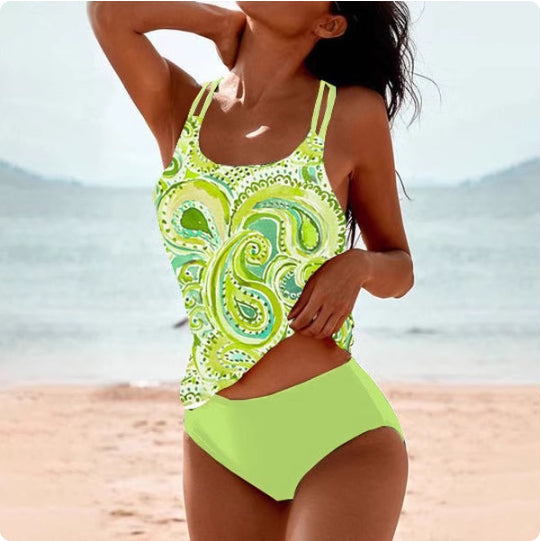Retro Split High Waist Bikini Beach Print Strap Swimsuit by null