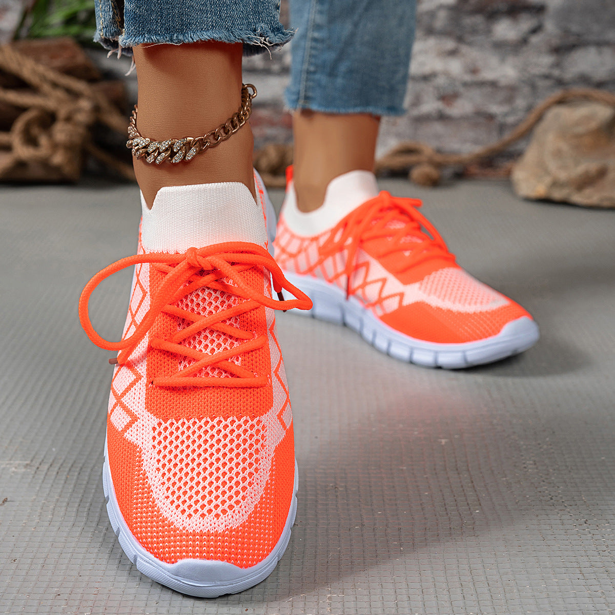 Buy Colorblock Plaid Lace-Up Flyknit Sneakers Ins Mesh Casual Shoes Fashion Breathable Walking Running Sports Shoes For Women online at DLC Market