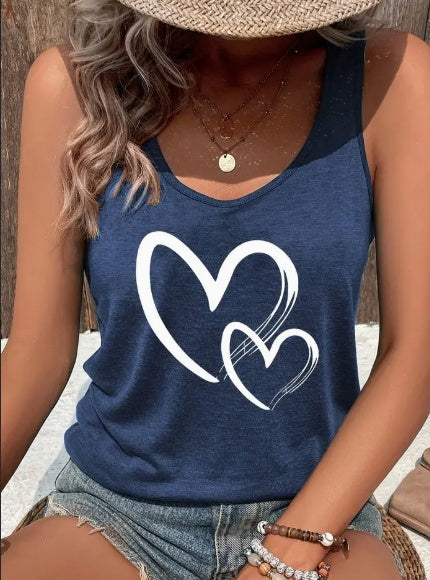 Buy Hearts Print Crew Neck Tank Top, Casual Sleeveless Tank Top For Summer, Women's Clothing online at DLC Market