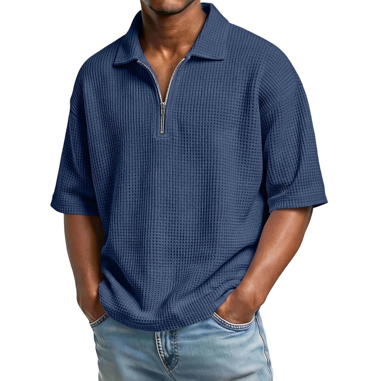 Men's Waffle-Weave Short-Sleeved Shirts Summer Solid Color Lapel Polo Shirt T-Shirt Beach Style Tops by null