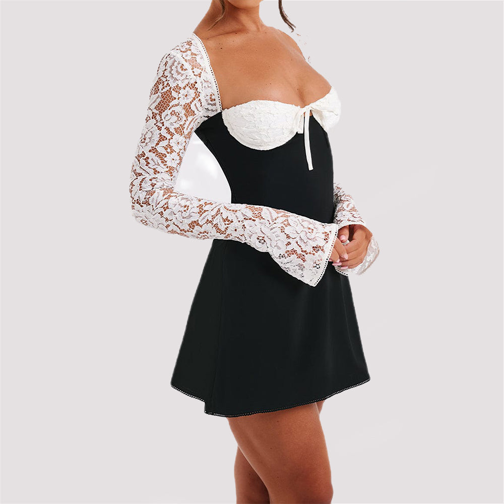 Y2K Lace Long Sleeve Dress Fashion Sexy Corset Backless Lace Up Short Dresses Womens Clothing by null