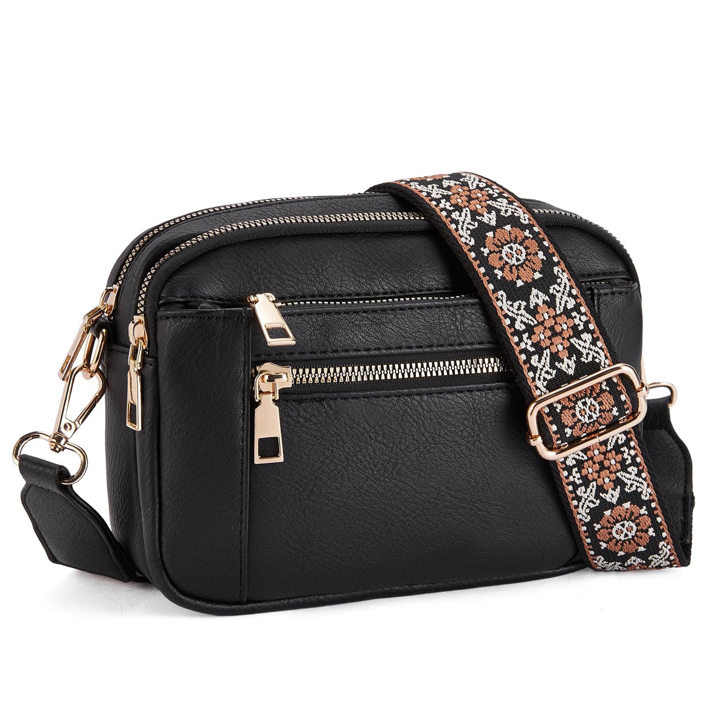 Buy Triple-zipper Shoulder Bag With Floral Embroidered Straps Fashion Colorblock Multi-functional Crossbody Bags For Women online at DLC Market