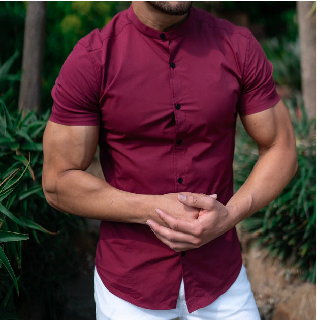 Slim Fit Short Sleeve Shirt Summer Men's Solid Color Casual Tops by null