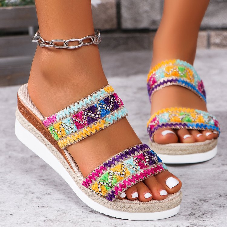 Buy Fashion Wavy Pattern Woven Sandals Summer Casual Ethnic Style Slippers Linen Bottom Wide Strap Wedges Shoes For Women online at DLC Market