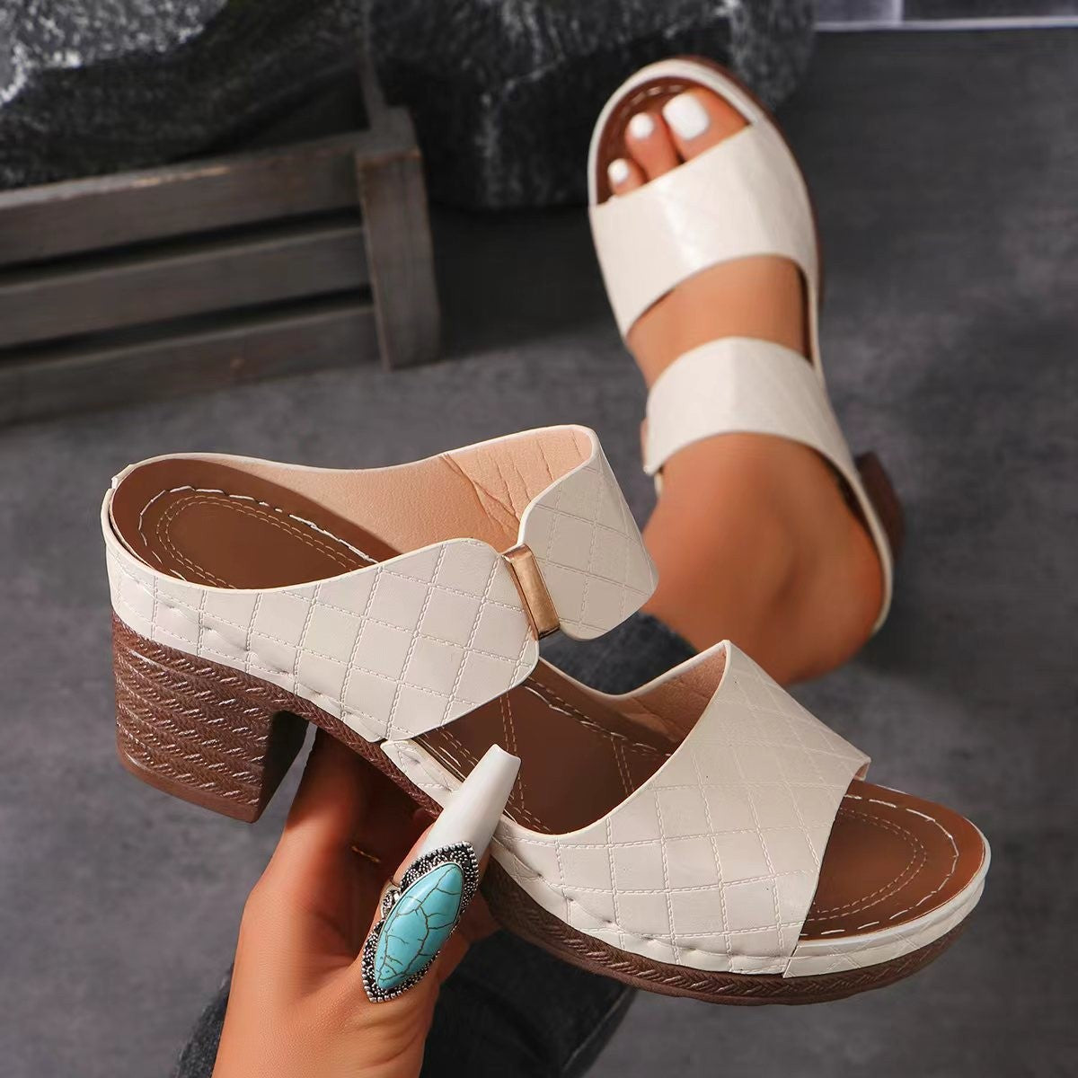 Buy Chunky Heel Sandals Summer Round Toe Plaid Slides Slippers Fashion Outdoor High Heels Shoes For Women online at DLC Market