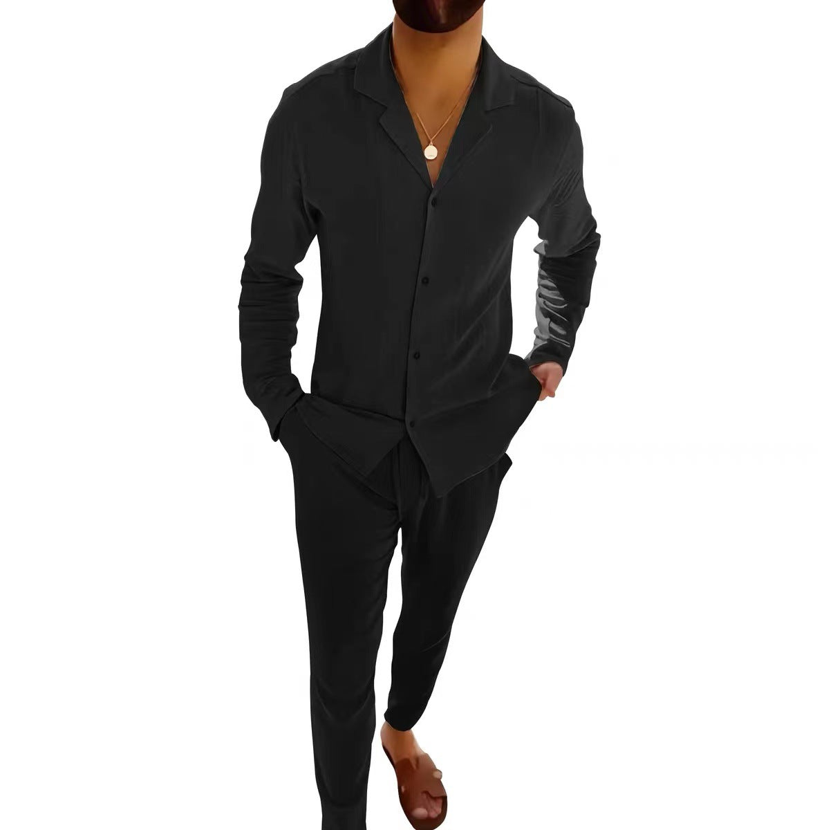 Casual Long-sleeved Suits Fashion Lapel Single-breasted Shirt Top And Slim-fit Trousers Men Clothing by null