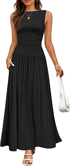 Buy Women's Summer Sleeveless Maxi Dress Casual Round Neck Pleated Elegant Maxi Dress With Pockets online at DLC Market