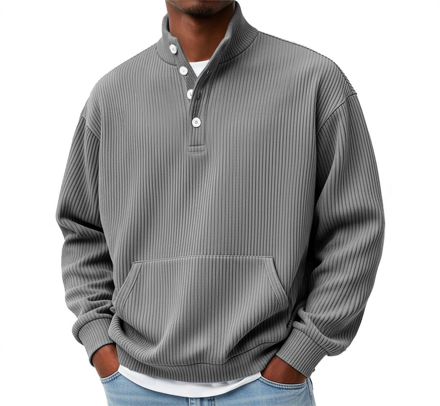 Mens Solid-Color Turtleneck Casual Long-Sleeve Polo Sweatshirt With Pockets For Men Spring Autumn Clothing Loose Button Polo Collar Tees Tops Man Outwear by null