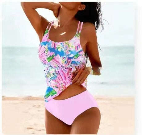 Retro Split High Waist Bikini Beach Print Strap Swimsuit by null