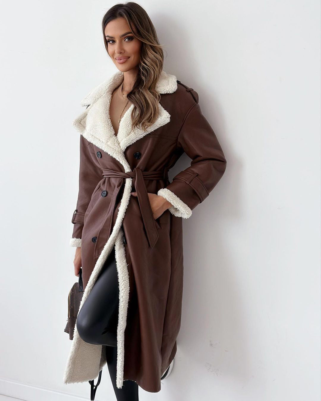 Winter Belted Double Breasted Lapel Trench Coat For Women Mid Length Windbreaker Overcoat Polyester by null
