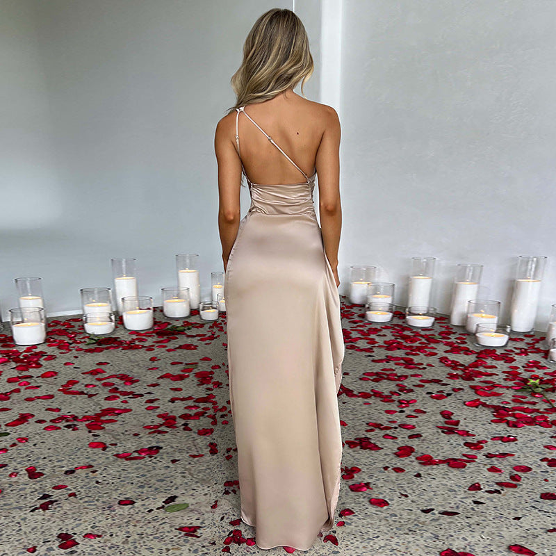 Sexy One-shoulder Backless Slit Dress Summer Elegant Slim-fit Solid Color Satin Dresses For Women by null