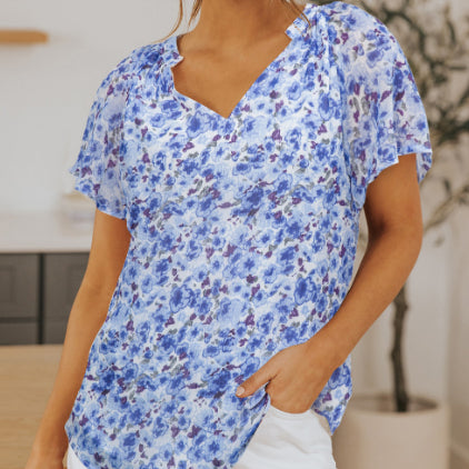 Womens blue floral flutter sleeve V-neck blouse | DLC Market
