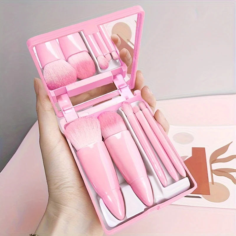 5Pcs Portable Makeup Brush Set With Mirror - Foldable Travel Kit ，Mini Makeup Brush Set Travel Makeup Brush Set by DLC MARKET