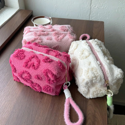 Plush Makeup Bags with Handle Soft Travel Cosmetic Storage Bag Portable Love Print Organizer Pencil Case Cute Clutch Pouch by DLC MARKET