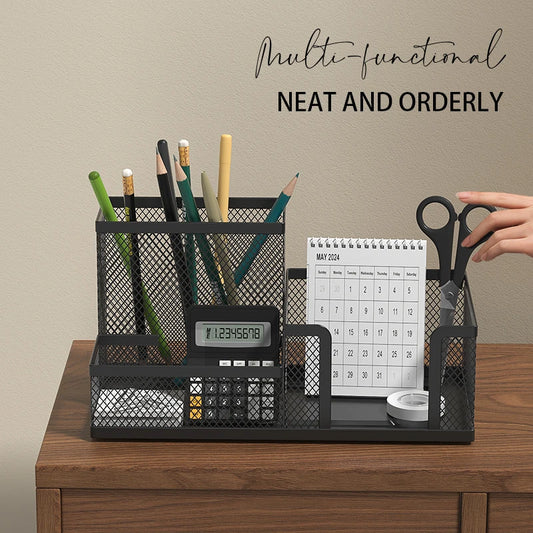 Mesh Desk Organizer Office Supplies Caddy with Pencil Holder and Storage Baskets for Desktop Accessories, 3 Compartments, Black by DLC MARKET