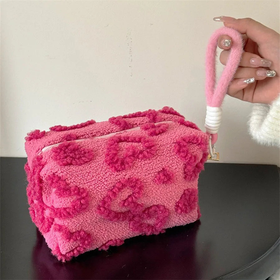 Plush Makeup Bags with Handle Soft Travel Cosmetic Storage Bag Portable Love Print Organizer Pencil Case Cute Clutch Pouch by DLC MARKET