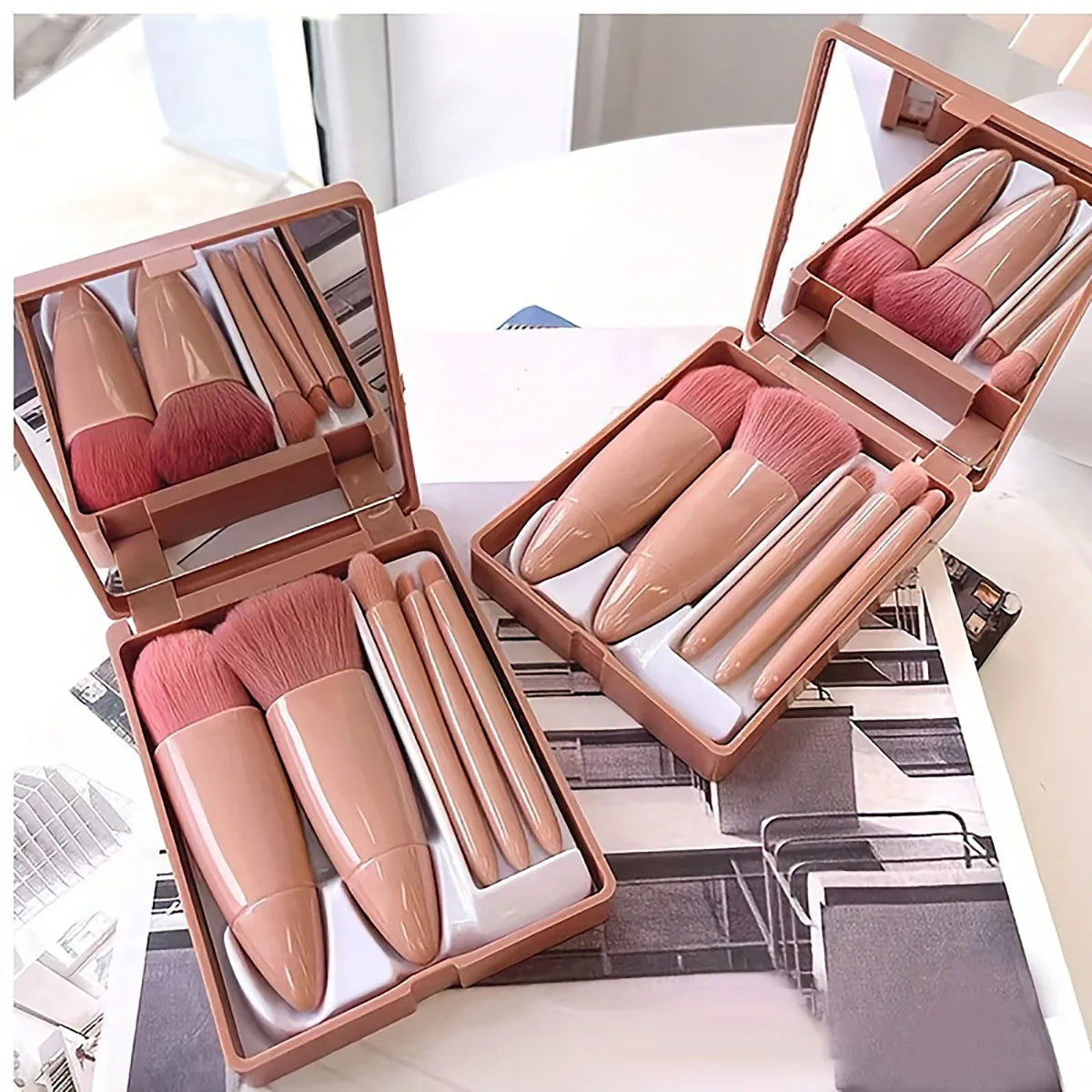 5Pcs Portable Makeup Brush Set With Mirror - Foldable Travel Kit ，Mini Makeup Brush Set Travel Makeup Brush Set by DLC MARKET