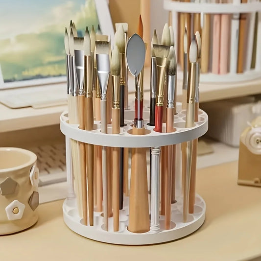 360° Rotating Brush Holder - White Plastic Organizer with Glaze Finish, Space-Saving Design for Art Brushes, Pens, Makeup Tools by DLC MARKET