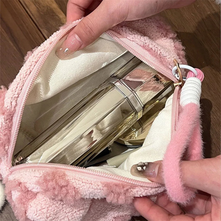 Plush Makeup Bags with Handle Soft Travel Cosmetic Storage Bag Portable Love Print Organizer Pencil Case Cute Clutch Pouch by DLC MARKET