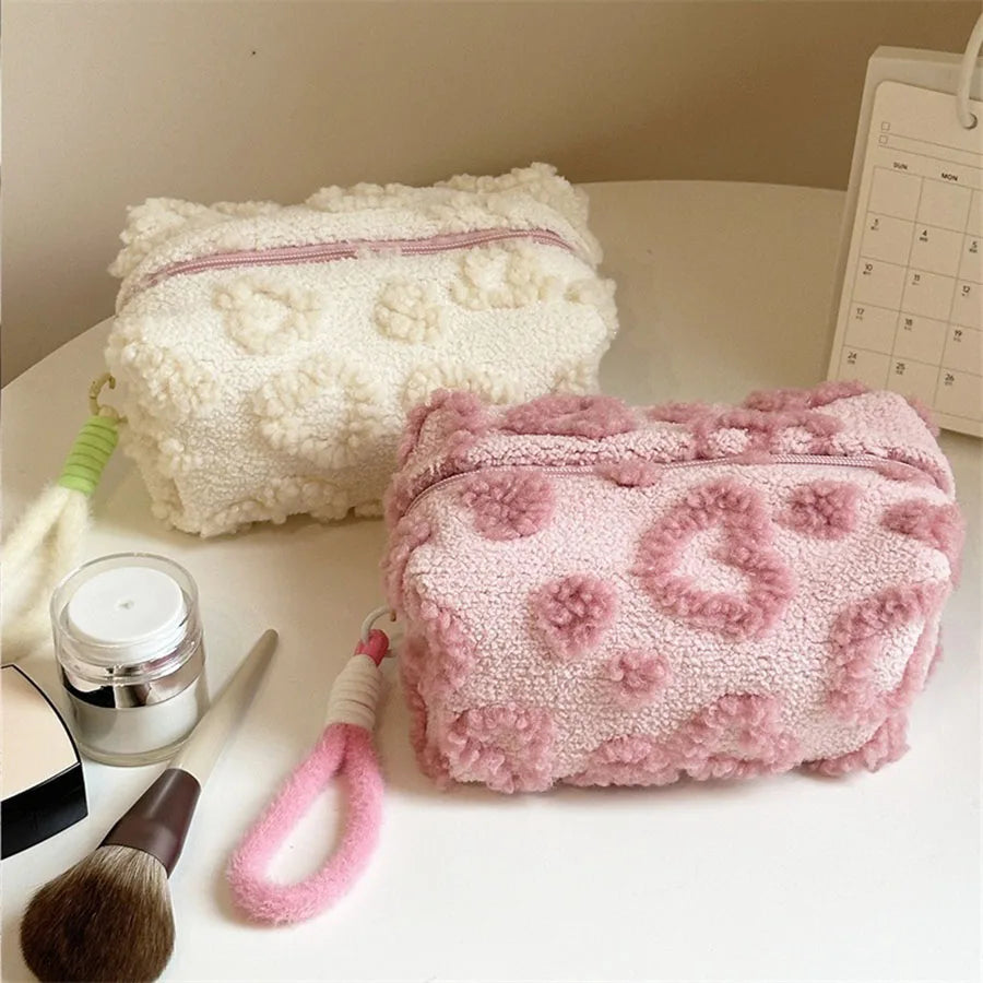 Plush Makeup Bags with Handle Soft Travel Cosmetic Storage Bag Portable Love Print Organizer Pencil Case Cute Clutch Pouch by DLC MARKET