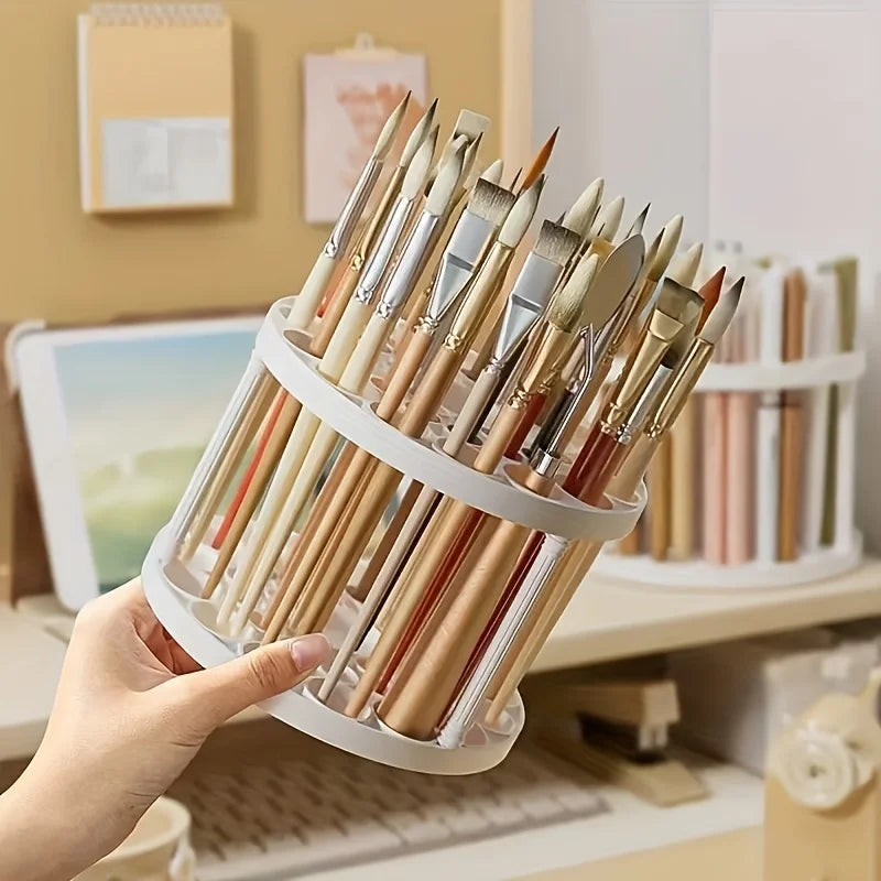 360° Rotating Brush Holder - White Plastic Organizer with Glaze Finish, Space-Saving Design for Art Brushes, Pens, Makeup Tools by DLC MARKET
