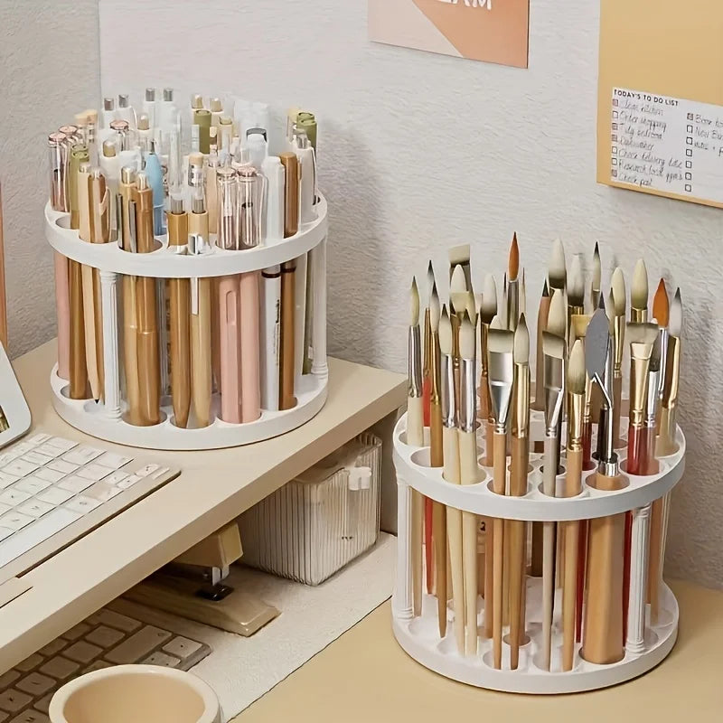 360° Rotating Brush Holder - White Plastic Organizer with Glaze Finish, Space-Saving Design for Art Brushes, Pens, Makeup Tools by DLC MARKET