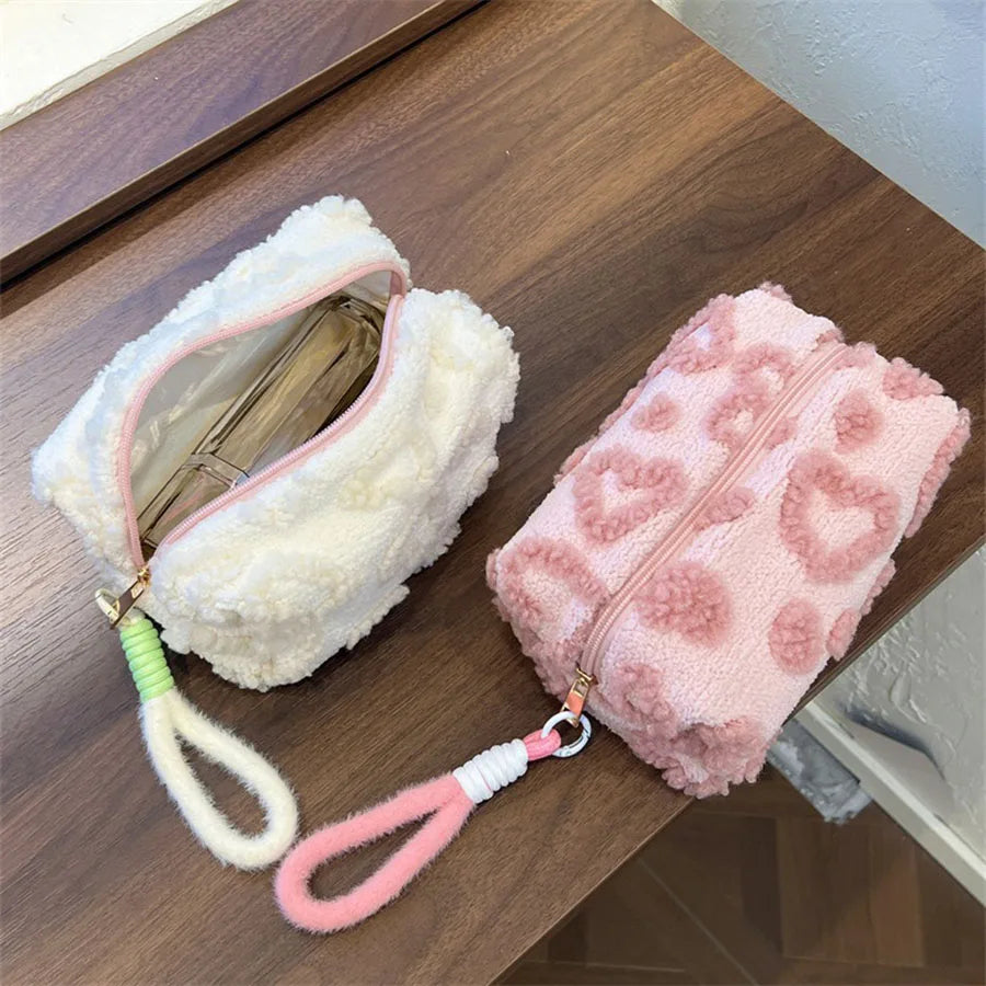 Plush Makeup Bags with Handle Soft Travel Cosmetic Storage Bag Portable Love Print Organizer Pencil Case Cute Clutch Pouch by DLC MARKET