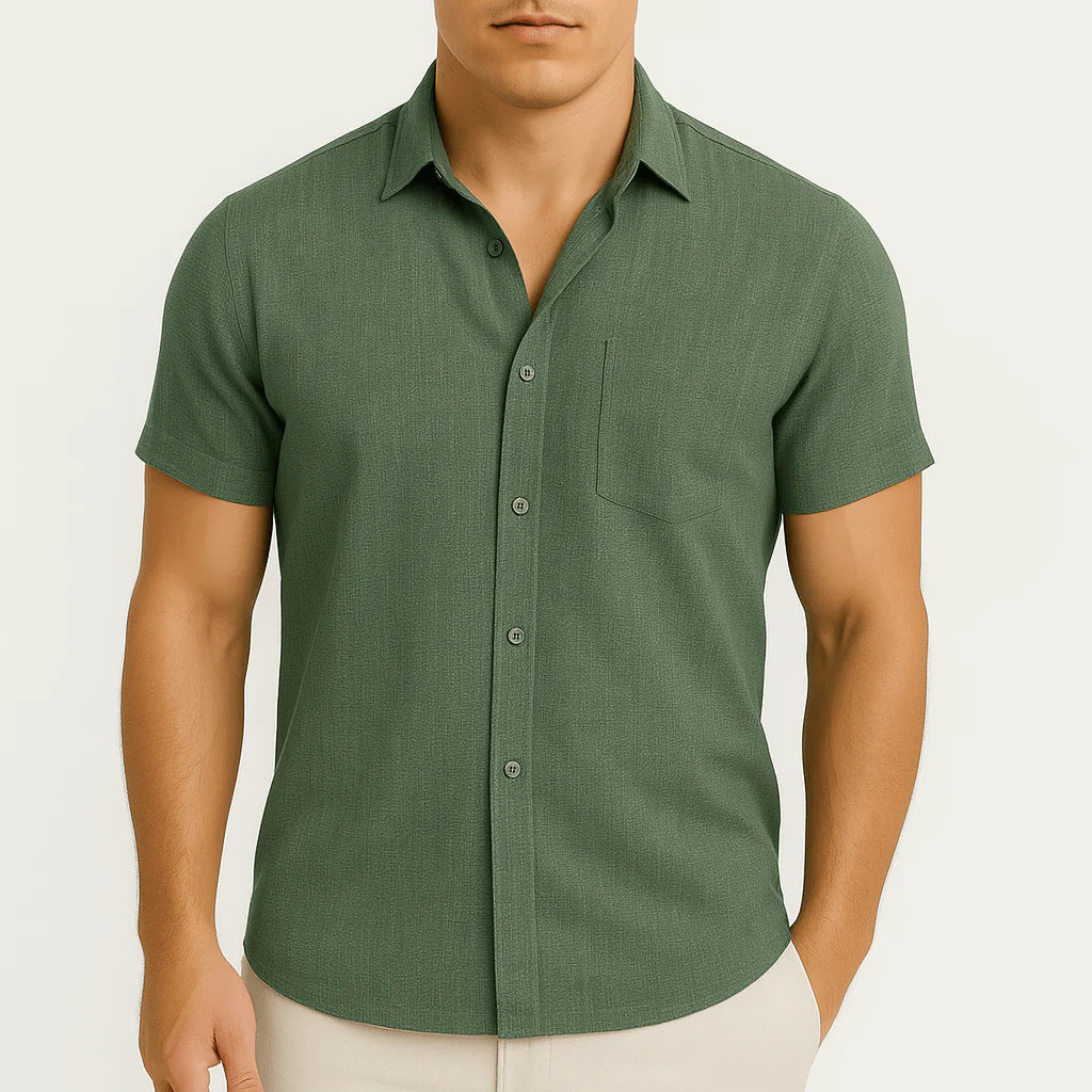 Slim Fit Short Sleeve Shirt Summer Men's Solid Color Casual Tops by null