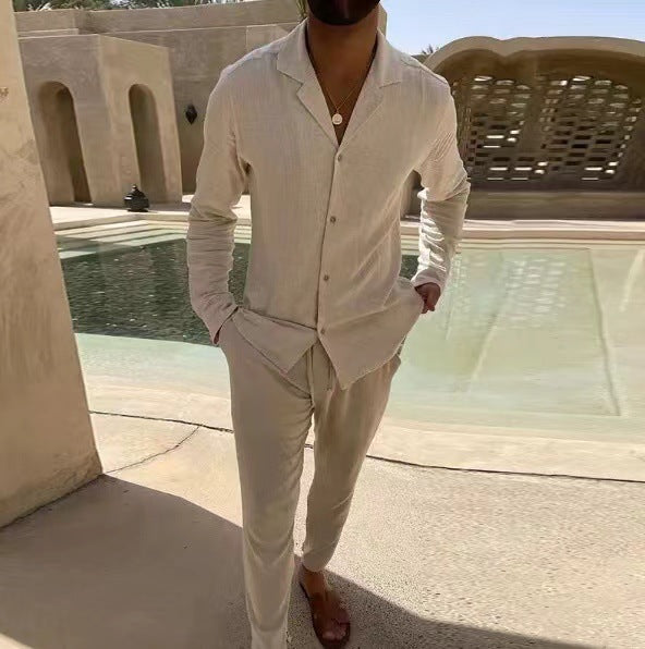 Casual Long-sleeved Suits Fashion Lapel Single-breasted Shirt Top And Slim-fit Trousers Men Clothing by null