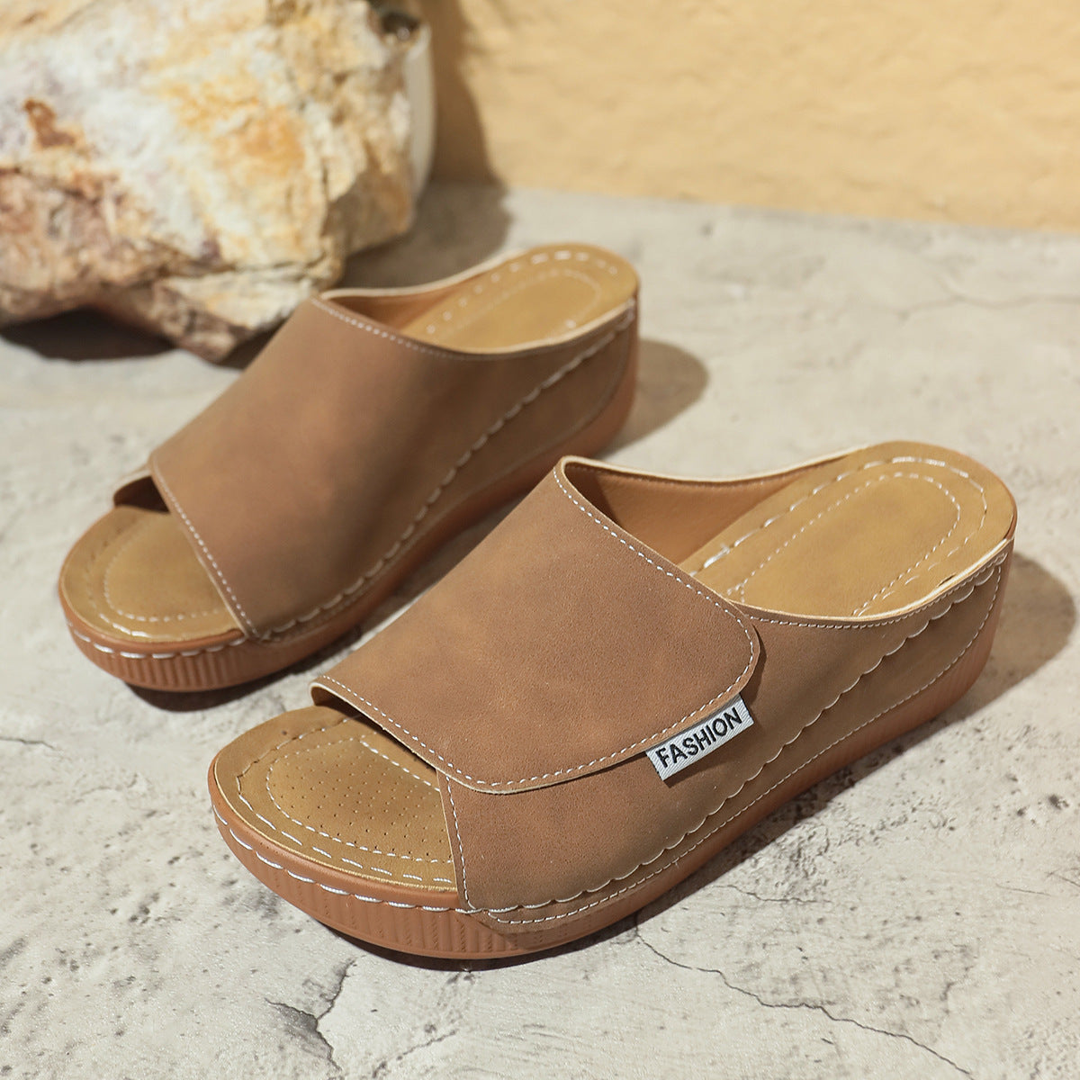 Buy Summer Wedge Slides Slippers Fashion Fish Mouth Thick Bottom Roman Shoes Solid Color Beach Sandals For Women online at DLC Market
