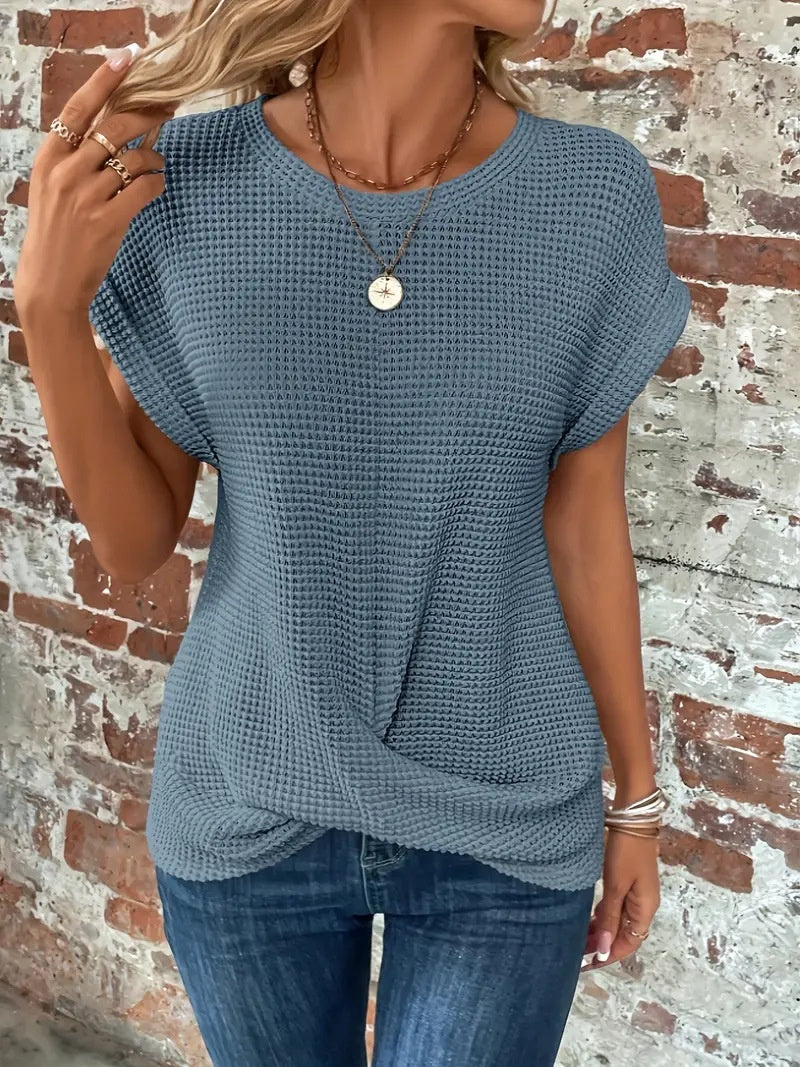 Buy Short-sleeved Waffle T-shirt Summer New Solid Color Crew Neck Top For Womens Clothing online at DLC Market