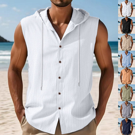 Mens Sleeveless Linen Hooded Shirt by null
