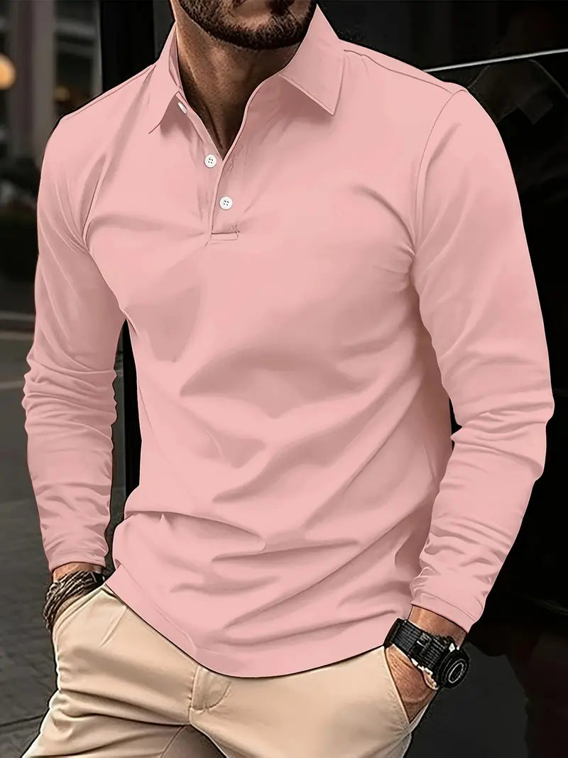 Buckle European And American Men's Daily Casual Polo Collar Long Sleeve Polo Wear by null