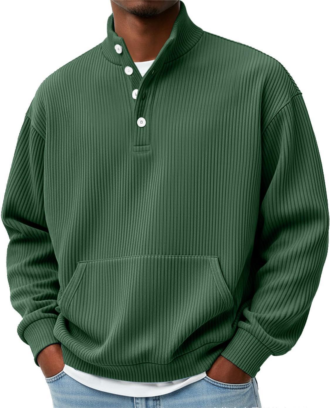 Mens Solid-Color Turtleneck Casual Long-Sleeve Polo Sweatshirt With Pockets For Men Spring Autumn Clothing Loose Button Polo Collar Tees Tops Man Outwear by null
