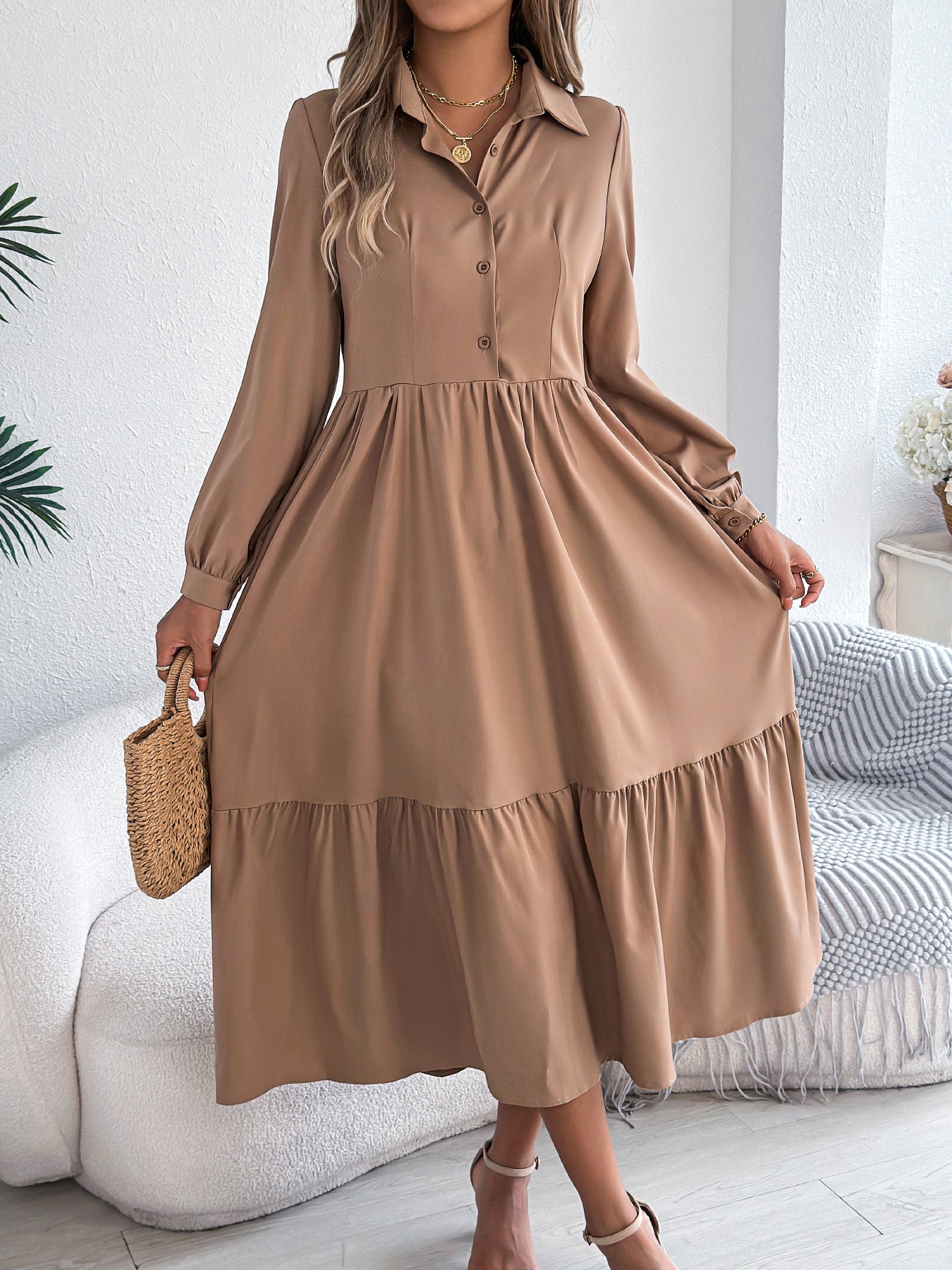 Buy Women's Lapel Casual Loose Long Sleeve Ruffled Shirt Dresses Long Sleeved Turn-down Collar Single-Breasted Dress Spring Autumn Fashion Women's Clothing For Vacation online at DLC Market